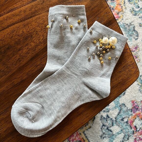 Free People Heirloom Embellished Pearls Crew Socks in Gray Beaded Baubles